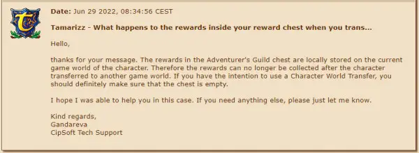 Quando um personagem é transferido do mundo, os itens do baú de recompensas também são transferidos?