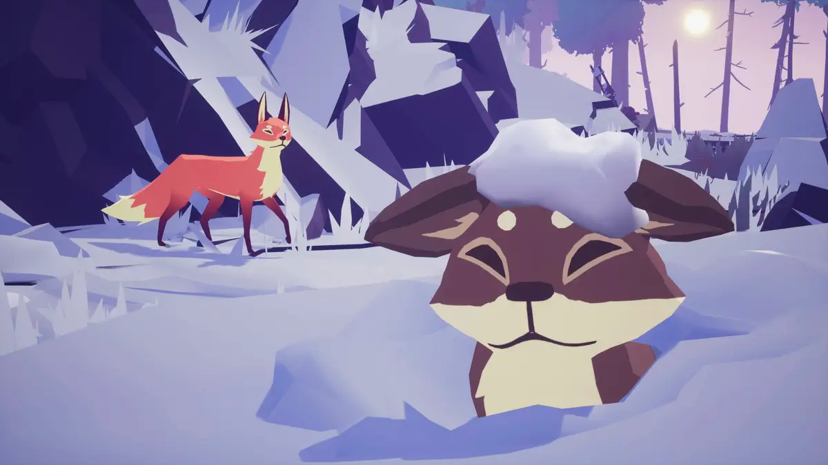 Captura de tela de Endling - Extinction is Forever apresentando um jovem filhote de raposa marrom brincando em um banco de neve com dois círculos brancos acima de seus olhos com um monte de neve na cabeça enquanto sua mãe observa atentamente.