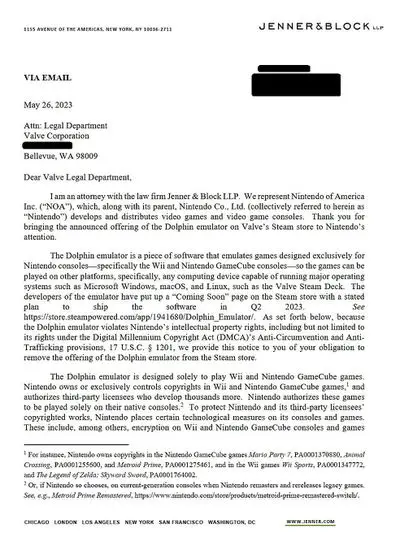 Um e-mail completo de Jenner & Block, advogados da Nintendo, explicando como a Valve tem a “obrigação” de remover o Dolphin de sua loja Steam.